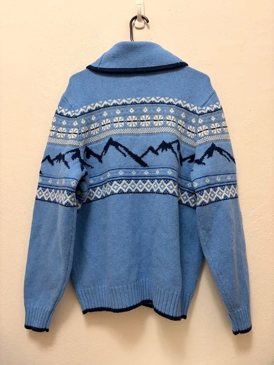 Lands' End Sky Blue Shawl Collar Fair Isle Cardigan with Navy Trim - Picture 5 of 7